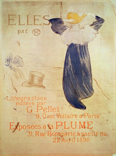 4月22日からパリのボナパルト通り31番地、ラプルームで開催された1896年の展覧会の「Elles」のフロントピース。 Editions G Pellet、9 quai Voltaire、パリ、1896年（クレヨン、ブラシ、スパッタリトグラフをfouで印刷） 作： Henri de Toulouse Lautrec